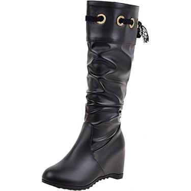 Imagem de Botas femininas de cano médio com cadarço e cadarço de couro sem cadarço, plataforma, anabela, bico redondo, cano médio, Amarelo, 9