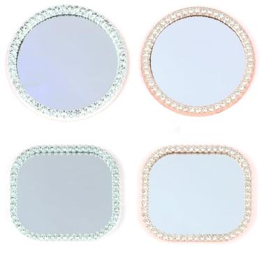 Imagem de 4 peças de espelhos quadrados para telefone, espelho redondo de strass com fita adesiva, espelho com glitter prateado e dourado para decoração de capa de celular para maquiagem feminina e selfies