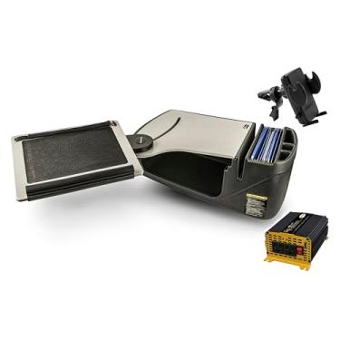 Imagem de AutoExec AE-RDFS-PI-VC-GT Reach Desk banco dianteiro carro mesa e estação de trabalho portátil 400 watt inversor de potência e clipe de ventilação do telefone, cinza