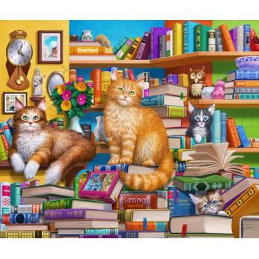 Imagem de Springbok Quebra-Cabeça De 1000 Peças "Cats" Da Livraria 'S Bookshop Para Adultos, Com Felinos Peludos Empoleirados Na Estante. Os Amantes Gatos Vão Adorar Esta Obra-Prima.