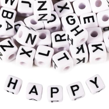 Imagem de 40 peças de contas de acrílico de 15 mm cubo branco misturado com contas de alfabeto para telefone faça você mesmo, pulseiras, colares, chaveiros, contas de caneta (letras mistas)