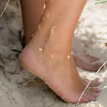 Imagem de Tornozeleira de ouro para mulheres banhado a ouro 14k com cinco pontas estrela zircão borla tornozeleira