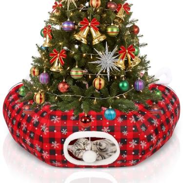 Imagem de Arrowbash Túnel de cama de gato de Natal, 0,9 m x 0,9 m x 25 cm, sob árvore de Natal, túneis de donut, floco de neve, buffalo, xadrez, peekaboo, cama de gatinho com bola pendurada, decoração caverna