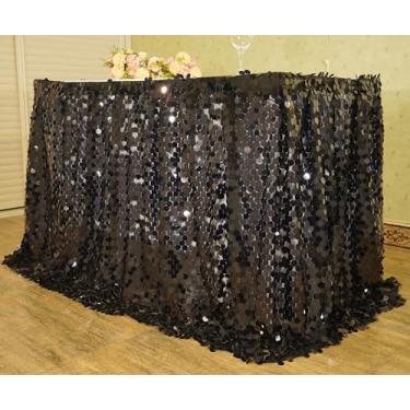 Imagem de Saia de mesa preta com lantejoulas grandes para mesa preta para decoração de saia de mesa de Halloween retangular de 1,8 m