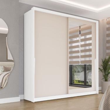 Imagem de Guarda Roupa Roupeiro 2 Portas de Correr 2 Gavetas com Espelho Porto Branco Creme Politorno Móveis