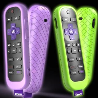 Imagem de Pacote com 2 capas para controle remoto Roku compatível com Hisense e TCL TV Stick, capa de silicone verde roxo