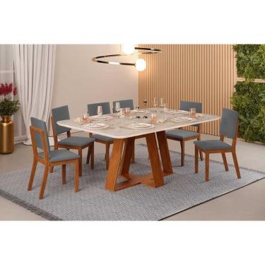 Imagem de Sala de Jantar Completa Celeste c/ Tampo Madeirado Retangular 170x90cm e 6 Cadeiras Talia Freijo/Quartzo - Suede Lunar - DJ Móveis