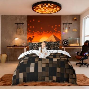 Imagem de Conjunto de capa de edredom Pixel Grid Miners, tamanho casal, videogame, xadrez, treliça, infantil, decoração geométrica moderna, capa de edredom marrom, 2 fronhas (sem edredom)