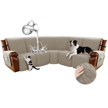 Imagem de Arfntevss Capas de sofá reclináveis à prova d'água para sofá reclinável em forma de L, antiderrapante, lavável, reclinável, em forma de L, para protetor de móveis de cachorro (5 lugares, cáqui claro)