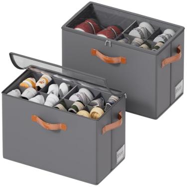 Imagem de ISusaid Pacote com 2 organizadores de sapatos para armário, organizador de sapatos dobrável com divisórias ajustáveis e capa transparente, organizador de sapatos de tecido empilhável, caixa de
