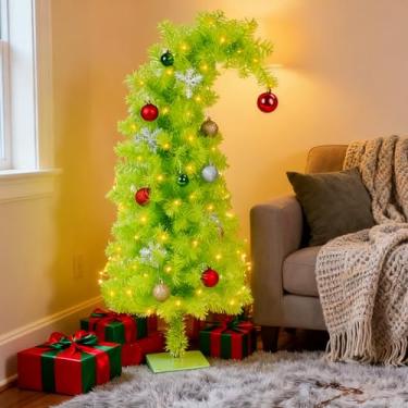 Imagem de NEXSTRON Árvore de Natal artificial de 90 cm, decoração de árvore de Halloween verde peculiar com 150 luzes brancas quentes de LED e bolas coloridas, 8 modos de iluminação, pinheiro falso dobrável com