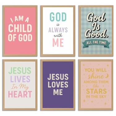 Imagem de 6 peças de arte de parede com versículo bíblico infantil, fotos de quarto de meninas, decoração de parede, inspiradores, pôsteres cristãos, impressões, arte para sala de estar, quarto, berçário
