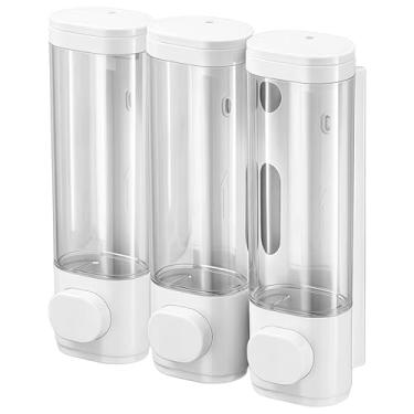 Imagem de Shampoo e condicionador dispensador de parede, dispensador de chuveiro de 3 câmaras, branco abs, sem broca, tanques transparentes, organizador de banheiro que economiza espaço