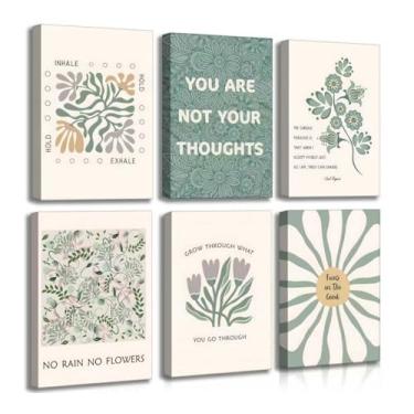Imagem de 6 peças arte de parede de saúde mental psicologia terapia citações motivacionais verde abstrato boho imagens florais pôster decoração de parede arte impressa para quarto, escritório, decoração de casa