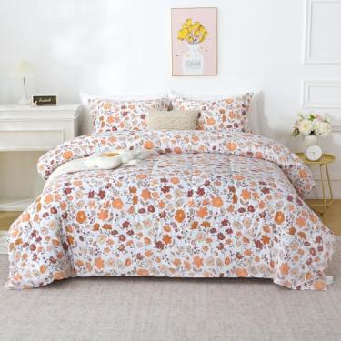Imagem de Mooreeke Conjunto de edredom floral, tamanho solteiro, laranja e vermelho, vintage para todas as estações, cama vintage de 2 peças em uma bolsa com edredom acolchoado fofo reversível e fronha