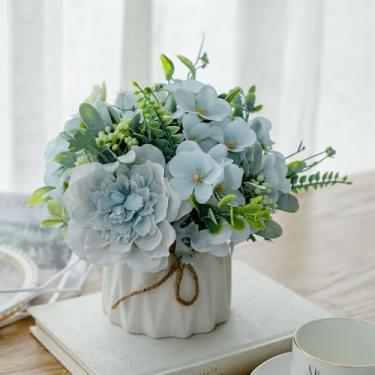 Imagem de TKAS Arranjo de flores falsas em vaso de cerâmica, rosas de seda artificial e hortênsia, mesa de jantar floral realista pequena e realista para decoração de casa de festa de casamento (azul)