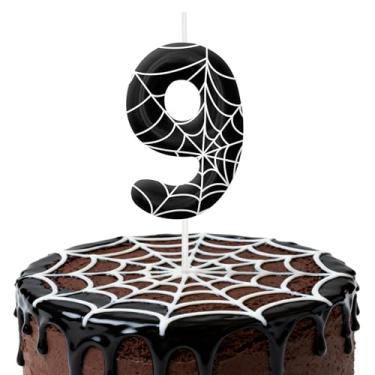 Imagem de Velas de aniversário pretas e brancas para bolo, velas número 9, decorações de aniversário, suprimentos de festa, topo de bolo de teia de aranha para decoração de festa temática para meninos e meninas