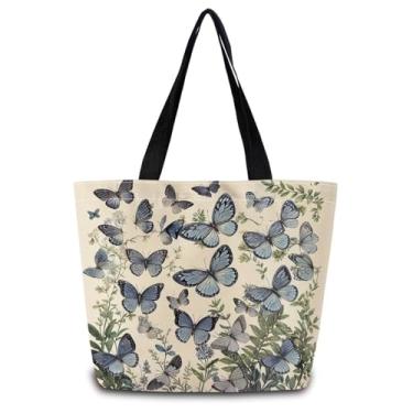 Imagem de ZhuVantrix Sacola de borboleta azul reutilizável bolsa de compras estética bolsa de ombro com bolso interno com zíper elegante borboleta azul presente para mulheres