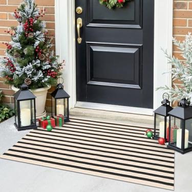 Imagem de OLANLY Tapete listrado bege e preto 61 x 129 cm – Capacho de algodão lavável para uso interno e externo, tapete de varanda frontal em camadas para entrada, cozinha, pátio