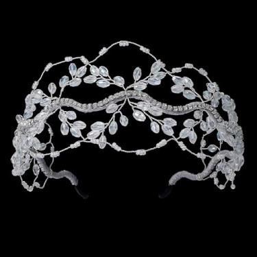 Imagem de Toodoumama Tiara vintage feita à mão com contas de cristal, enfeite de cabeça com strass, motivo de folha, acessórios de cabelo femininos, perfeita para festas noturnas e ocasiões especiais (branca