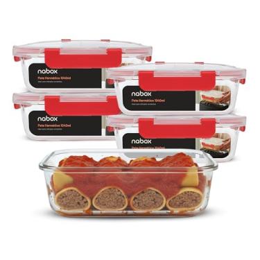 Imagem de Conjunto 5 Pote Vidro Hermético Trava Premium 1040ml Marmita (Vermelho)