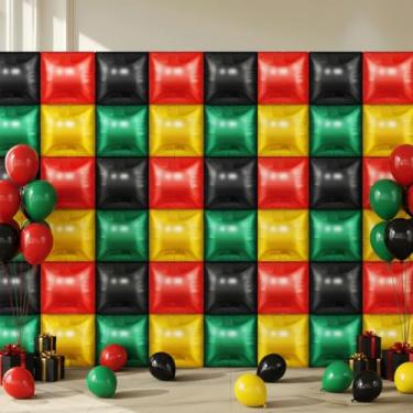 Imagem de Charnoel 50 Pcs Kwanzaa Decorations Black History Month Wall Backdrop Kwanzaa Square Foil Balloons Double Sided 19'' Red Black Green Yellow Balloon African American Juneteenth Freedom Day Decoration