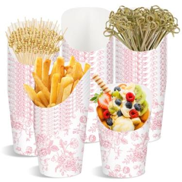 Imagem de Whaline 50 peças de copos de charcutaria floral rosa com 100 palitos sacos de 400 ml flor chinoiserie copo descartável para aperitivo de batatas fritas para casamento nupcial chá de bebê festa