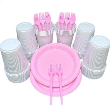 Imagem de Kit 300 Itens Festa Aniversário Descartáveis Plástico Colorido Perolado 100 Pessoas Completo Pratinho Garfinhos Copos (Branco Rosa Claro)