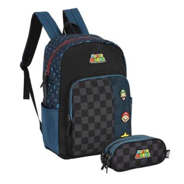 Imagem de Kit Mochila De Costas Super Mario Bros Estojo Triplo Azul
