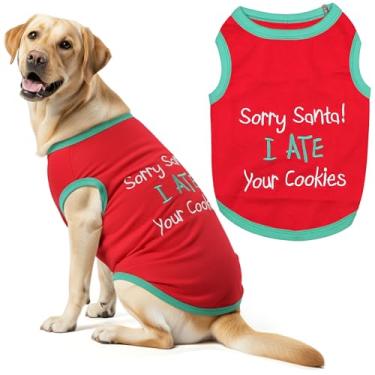 Imagem de Parisian Pet Camiseta para cachorro - Camiseta bordada "Sorry Santa I Ate Your Cookies" - Roupa de Natal para cães de algodão leve - Roupas de Natal sem mangas para cães - Camisetas para cães grandes