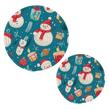Imagem de Blueangle 2 peças de suporte de panela trivet de bonecos de neve de desenho animado - conjunto de pegadores de panela de tecido redondo - almofadas quentes trançadas de algodão - porta-copos - tapetes