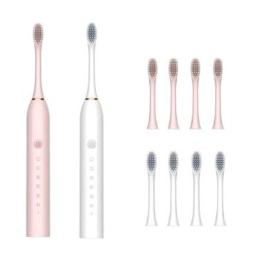 Imagem de Escova de dentes elétrica recarregável 4 cabeças de escova de reposição Classificação IPX7 à prova d'água Carregamento USB(kit 2 (rosa-+branco))