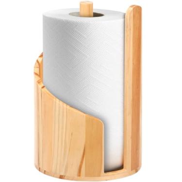 Imagem de Suporte de toalha de papel de montanha bancada base redonda de madeira suportes de toalha de papel bancada com uma mão rasga padrão e rolo grande para cozinha banheiro (cor de tronco)