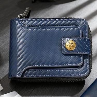 Imagem de Carteira masculina com zíper de fibra de carbono, mini carteira de cartão pequena portátil com fivela, vários compartimentos para documentos, Azul, Casual