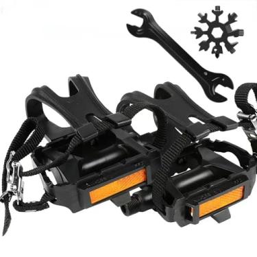 Imagem de CGXYK Pedais de bicicleta eixo de 9/40.6 cm com alças ajustáveis para gaiola do dedo do pé – Superfície texturizada para bicicletas de estrada/exercício/academia – Inclui ferragens de montagem (preto)