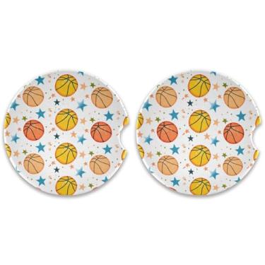 Imagem de CEBUGI 2 peças de porta-copos de carro para porta-copos de cerâmica de 6,3 cm com entalhe de dedo absorvente porta-copos de copo de carro coloridas bolas de basquete acessórios de carro para mulheres