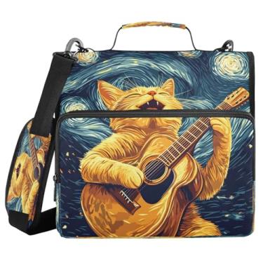 Imagem de Fichário de gato tocando guitarra em uma noite estrelada com zíper com alça e alça de ombro, fichários de 3 anéis de 3 cm