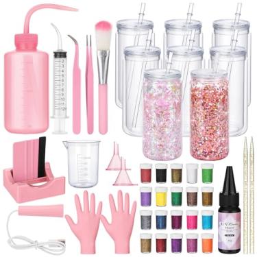 Imagem de Meanplan Kit de suprimentos para globo de neve de plástico faça você mesmo 473 ml, copo de parede dupla pré-perfurado, 20 cores, glitter, funil, pinça, suporte de seringa, copo medidor, lanterna luva