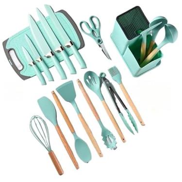 Imagem de Kit Completo Jogo de Cozinha Luxo 19 Peças Com Tábua em Silicone Espátula Faca Tesoura Utensílios(Tiffany)
