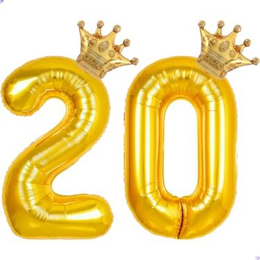 Imagem de 20 balões com números dourados de 101,6 cm para decorações de aniversário de 20 anos para homens e mulheres, balões gigantes de Mylar de 20 anos