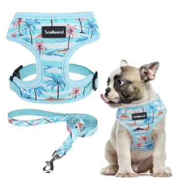 Imagem de SCENEREAL Conjunto de coleira e coleira para cães pequenos – arnês para cães pequenos e médios – colete de malha macia para filhotes, chihuahua, yorkie, primavera, verão, caminhada, coqueiro, M