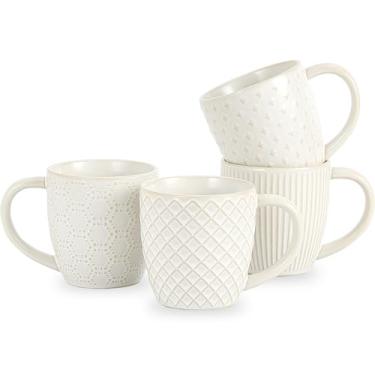 Imagem de Conjunto de 4 canecas de café de cerâmica da Holise, 4 xícaras de café de 400 ml com alça, conjunto de canecas de grés em relevo para cappuccino, latte, chá, chocolate quente e leite, presentes de
