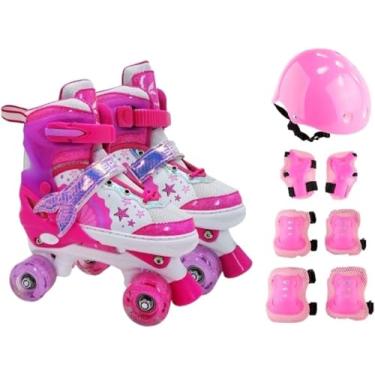Imagem de Patins Infantil Sereia Rosa com 4 Rodas LED Iluminadas, Ajustável com Kit Proteção Completo para Crianças Meninas, Roller Skate com Luzes Coloridas