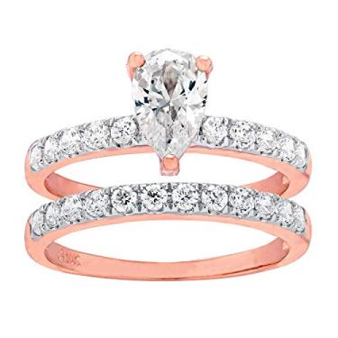 Imagem de Anel de noivado e aliança de casamento solitário de zircônia cúbica em formato de pêra e ouro rosa 10K, Metal, Zircônia cúbica