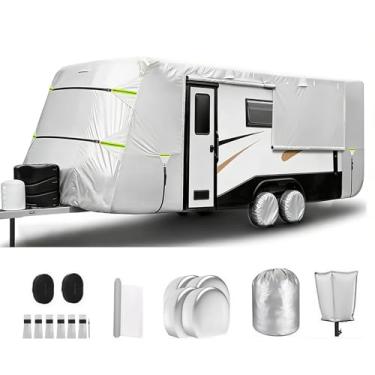 Imagem de Hijolla Capa para trailer, capa de trailer de viagem em tecido Oxford, capa para trailer de veículo recreativo anti-UV à prova d'água, incluindo 4 capas de pneu e capas de calha, capa de lingueta e