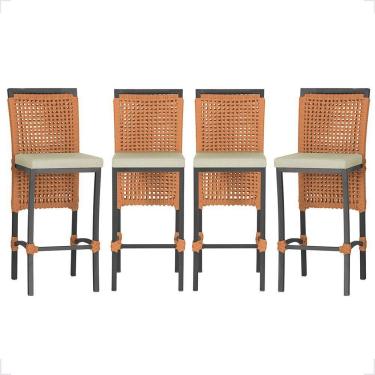 Imagem de 4 Banqueta Em Alumínio Roma Preta Corda Náutica Tecido 7 Terra Cota