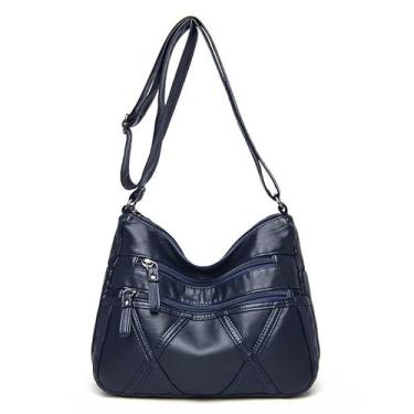 Imagem de Bolsas transversais de couro para mulheres, bolsa de ombro de couro macio com vários bolsos com alça ajustável, 25 x 18,8 x 11 cm, Azul, Medium, Bolsa tiracolo
