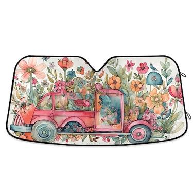 Imagem de Borboleta primavera e flores coloridas capa de carro rosa proteção solar, persianas de carro para janelas dianteiras, protetor solar de carro