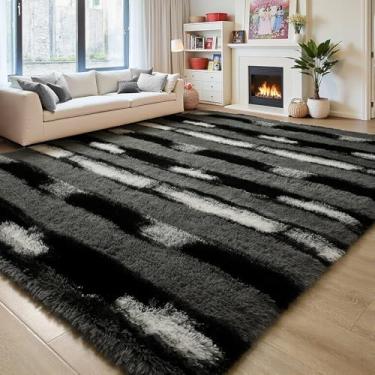 Imagem de FALARK Tapetes fofos para quarto, sala de estar, 10 x 15 cm preto e cinza, tapete listrado de pelúcia macio, tapete moderno antiderrapante lavável, tapetes peludos para decoração de casa