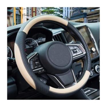Imagem de FALVFUN Capa de volante de carro, protetor de volante de veículo de aderência suave estilo esportivo com forro antiderrapante, interior automotivo confortável, ajuste universal (preto bege)